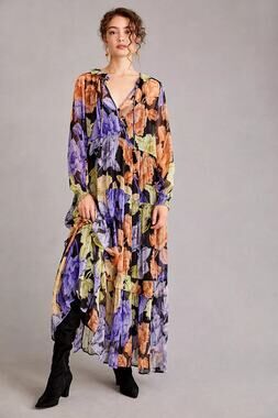 Anthropologie The Marais Printed Chiffon Ruffle Tiered Long Sleeve Maxi Dress XS